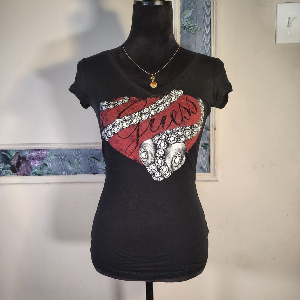Y2K Inspired Babydoll Guess Spellout Studded Heart Graphic Tee/T487